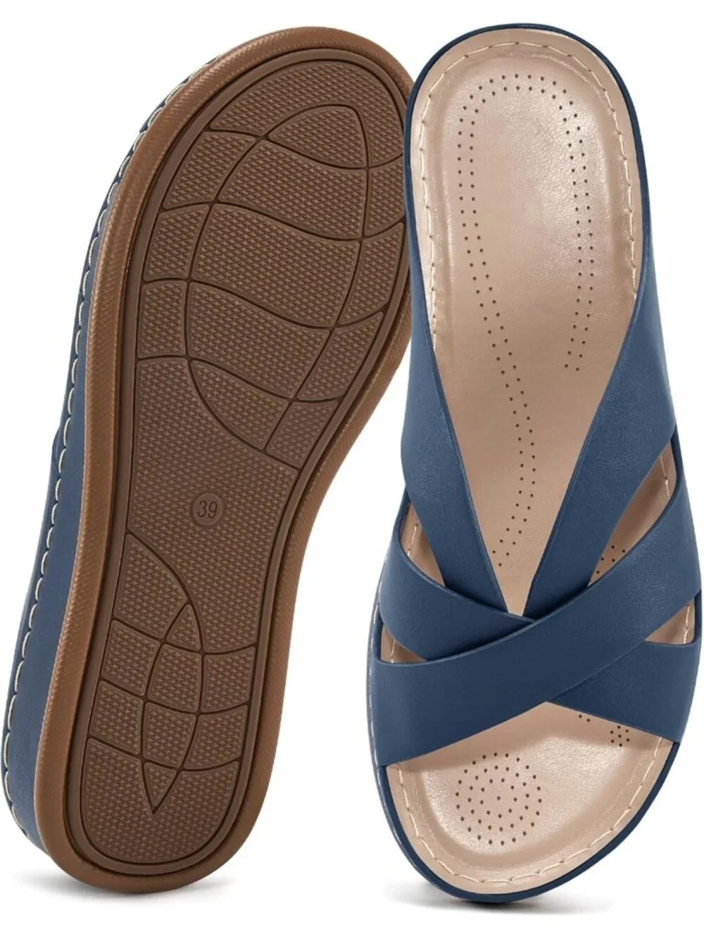 Women's Blue Faux Leather Summer Low Platform Slide Comfortable Walking Sandals